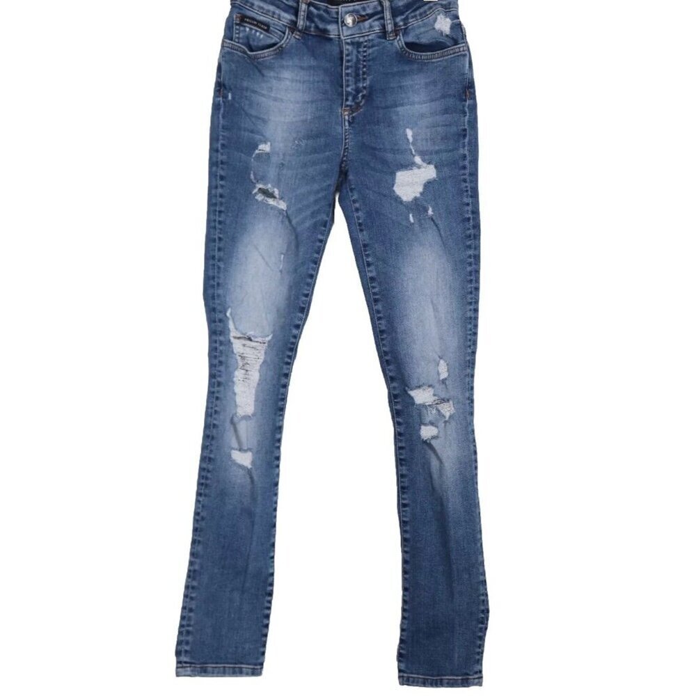 Philipp Plein Women's 25 Blue Mid Rise Distressed Slim Fit Jeans Denim Stretch